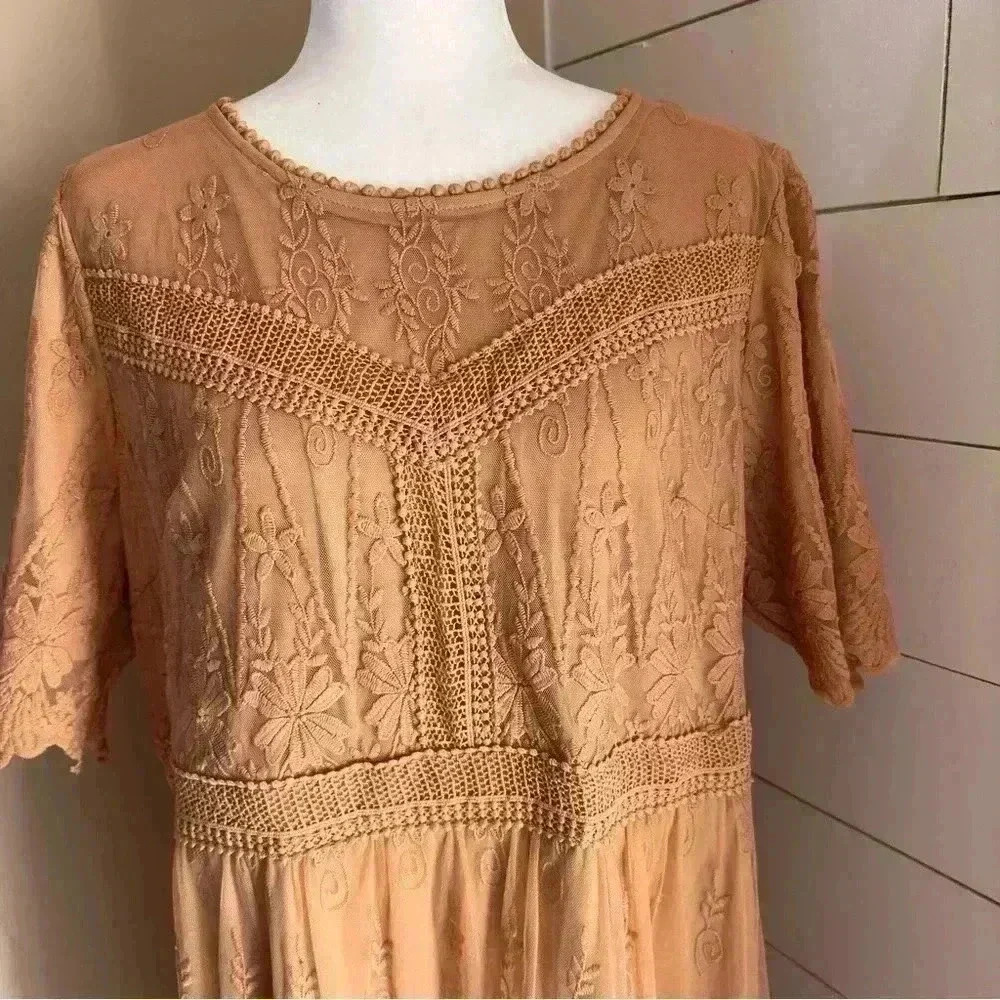 Roolee Womens Dusty Mustard Yellow RoundNeck Embroidered Lace Midi Dress Sz XXXL - Picture 6 of 8
